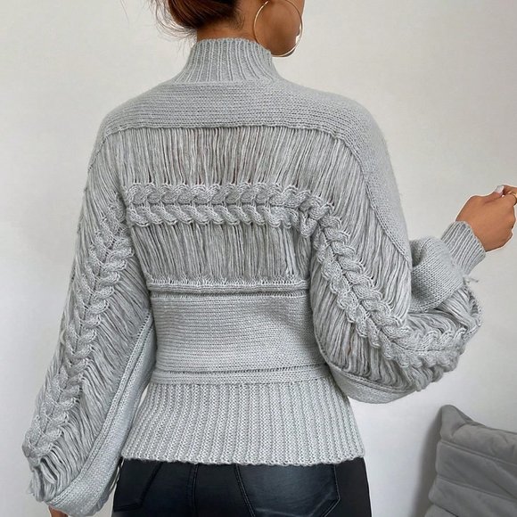 Grey Casual Womens Mock Neck Cable Knit Lantern Sleeve Ripped Sweater - Picture 5 of 7